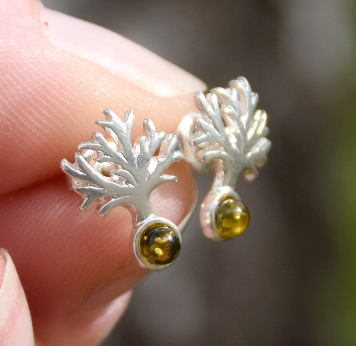 Bright Tree of Life earrings made with natural green Amber and 925 Silver, MJ Baltica, BK236