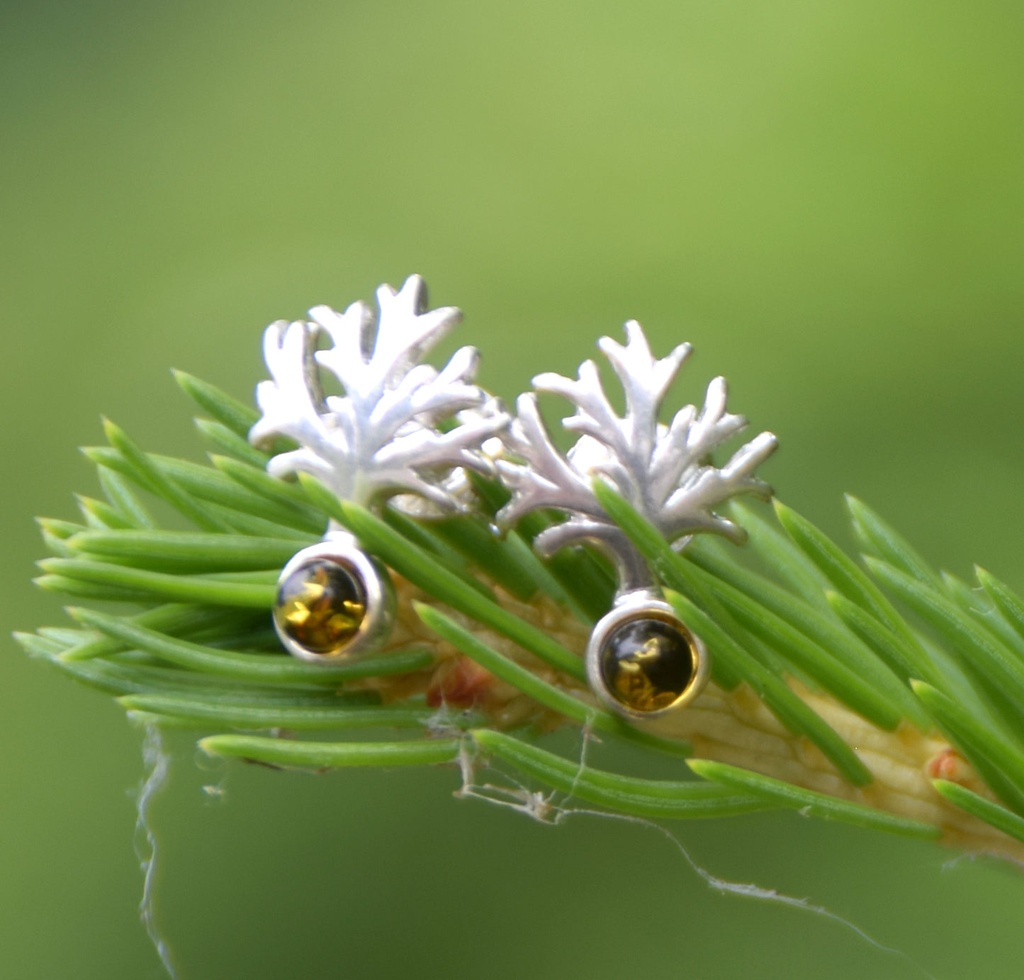Bright Tree of Life earrings made with natural green Amber and 925 Silver, MJ Baltica, BK236