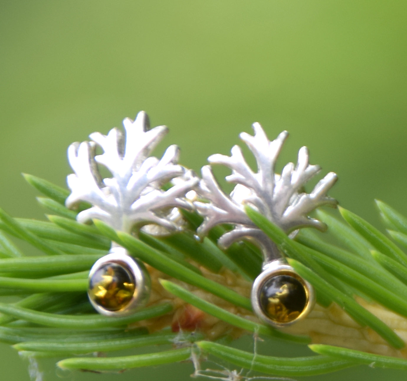 Bright Tree of Life earrings made with natural green Amber and 925 Silver, MJ Baltica, BK236