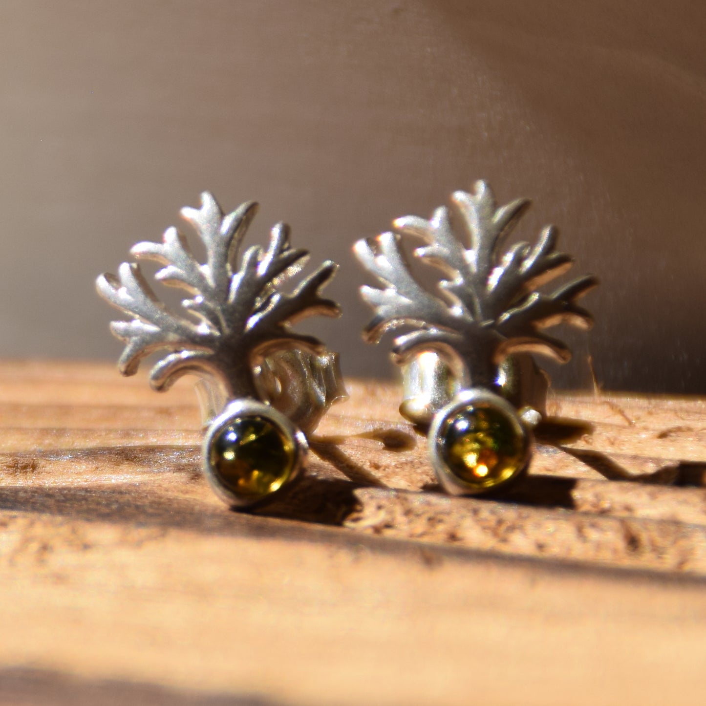 Bright Tree of Life earrings made with natural green Amber and 925 Silver, MJ Baltica, BK236