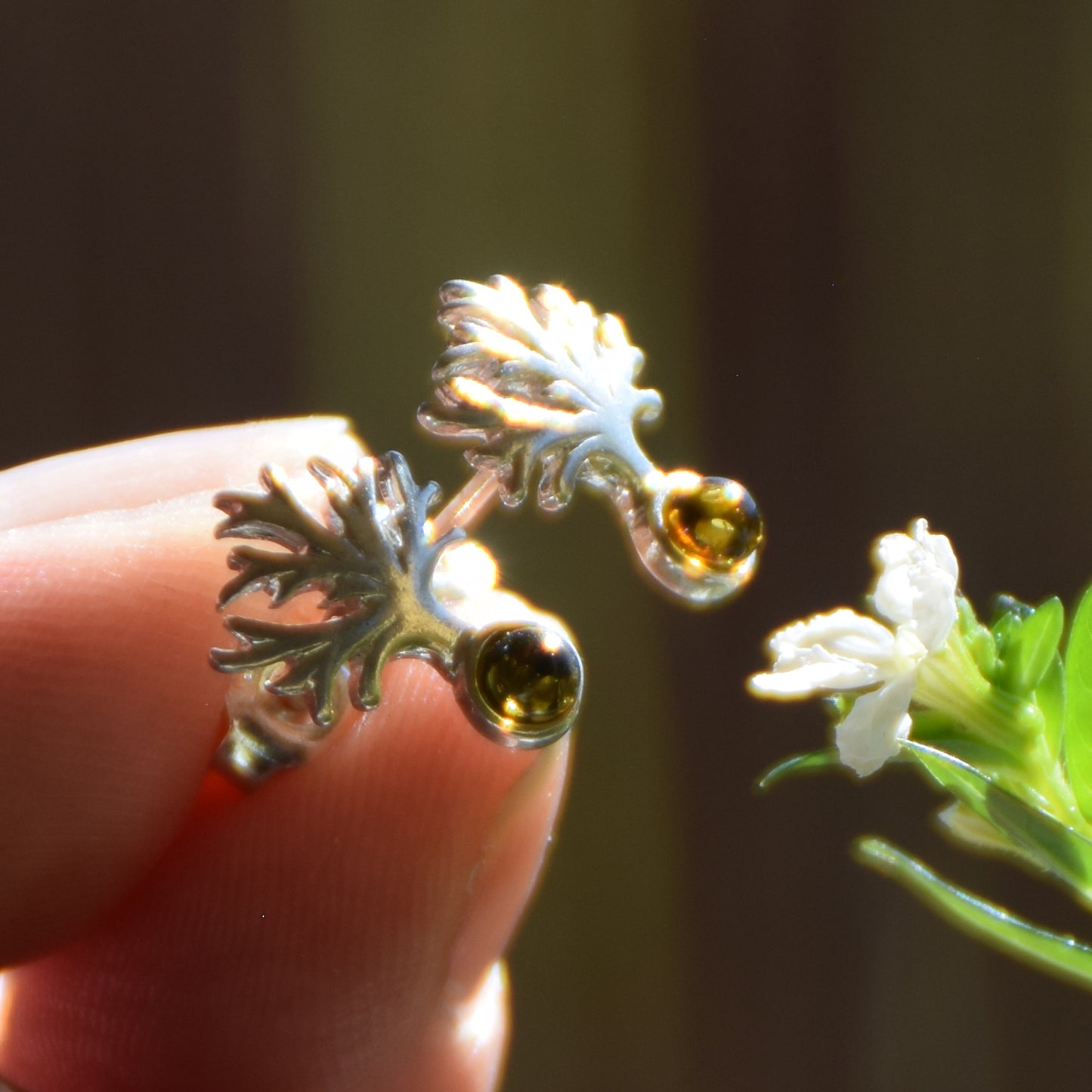 Bright Tree of Life earrings made with natural green Amber and 925 Silver, MJ Baltica, BK236