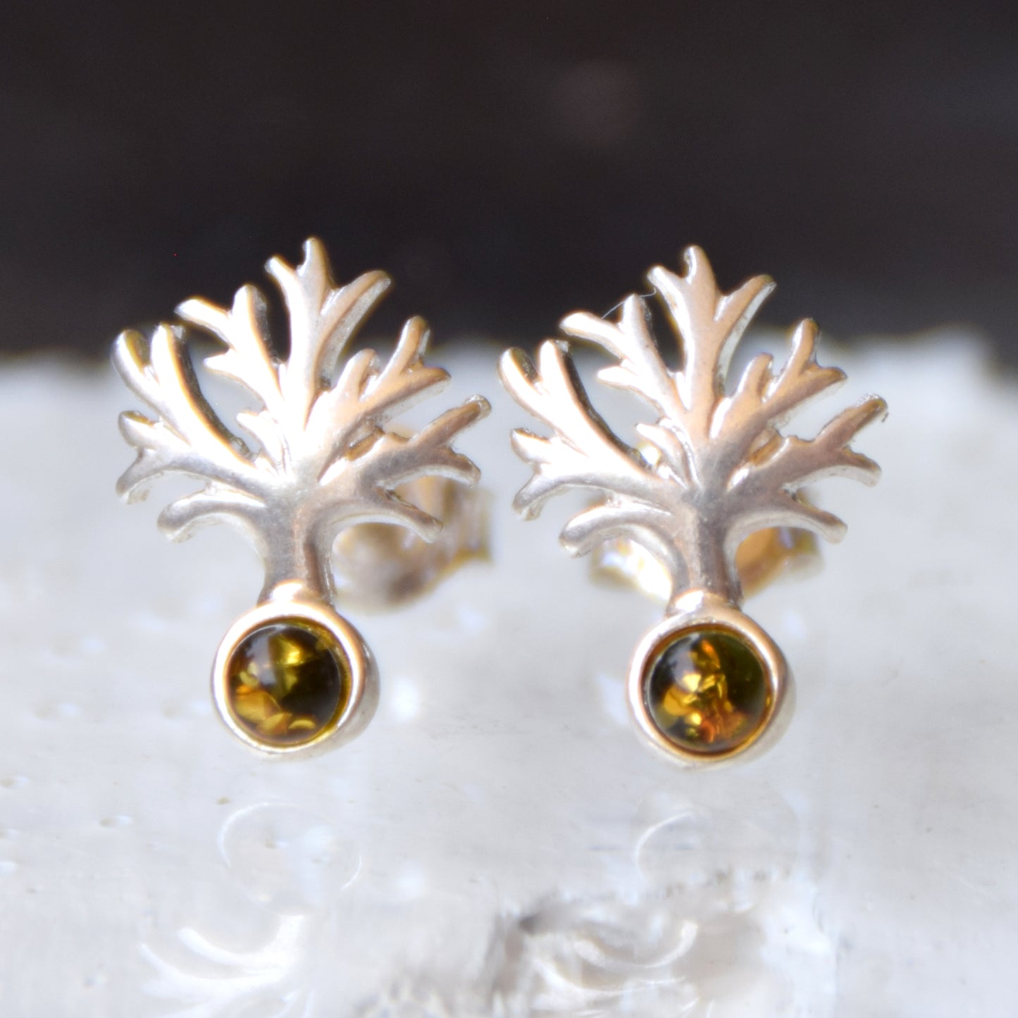 Bright Tree of Life earrings made with natural green Amber and 925 Silver, MJ Baltica, BK236