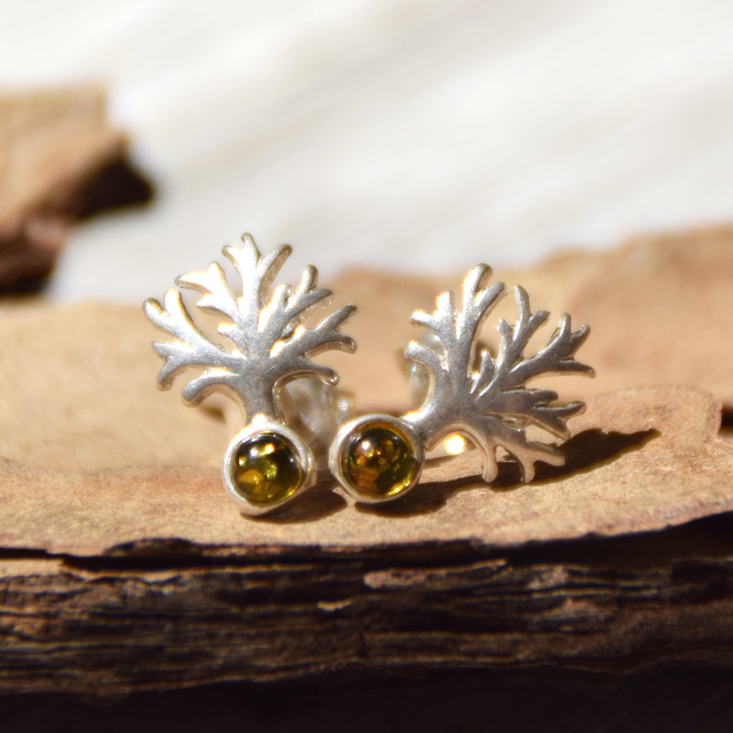 Bright Tree of Life earrings made with natural green Amber and 925 Silver, MJ Baltica, BK236