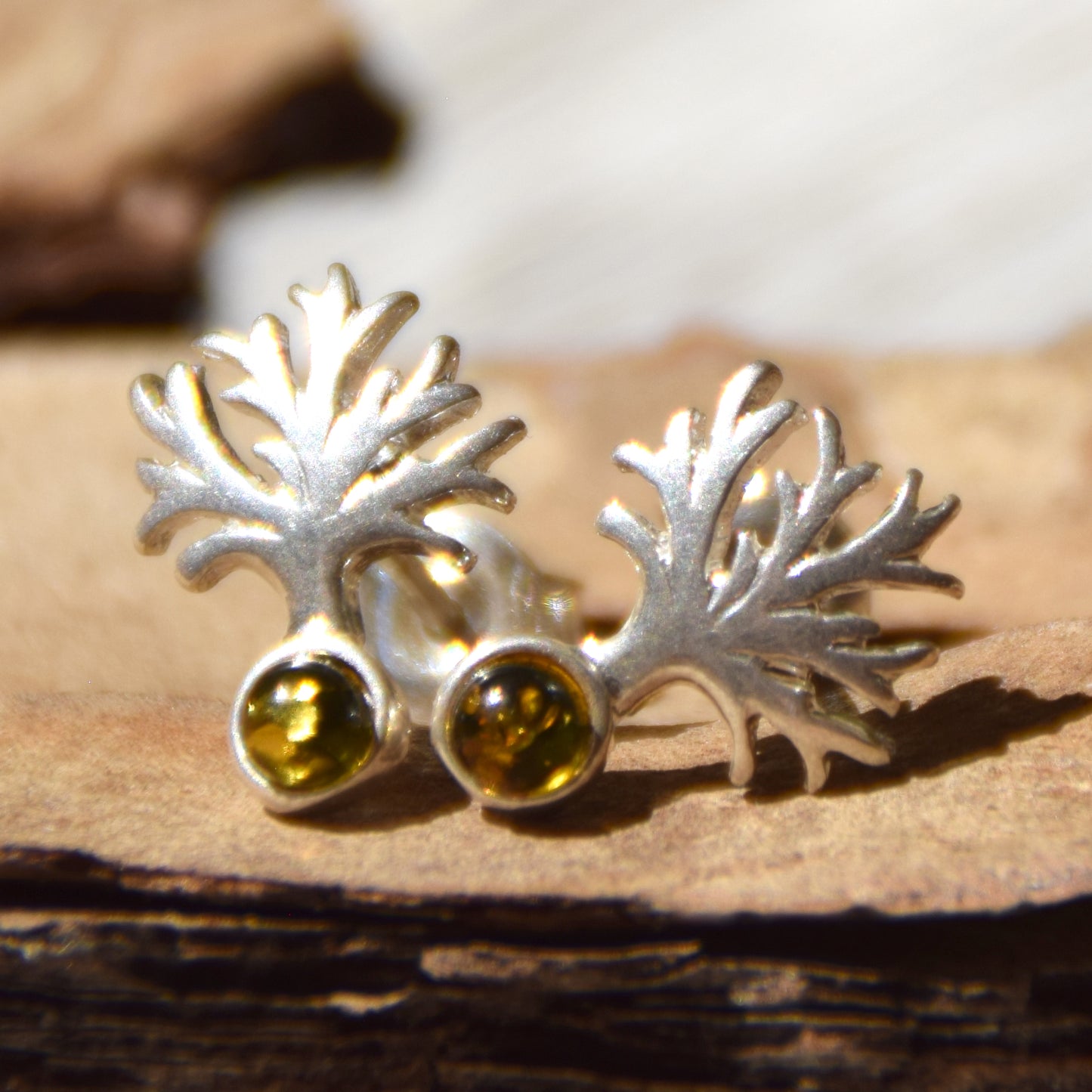 Bright Tree of Life earrings made with natural green Amber and 925 Silver, MJ Baltica, BK236