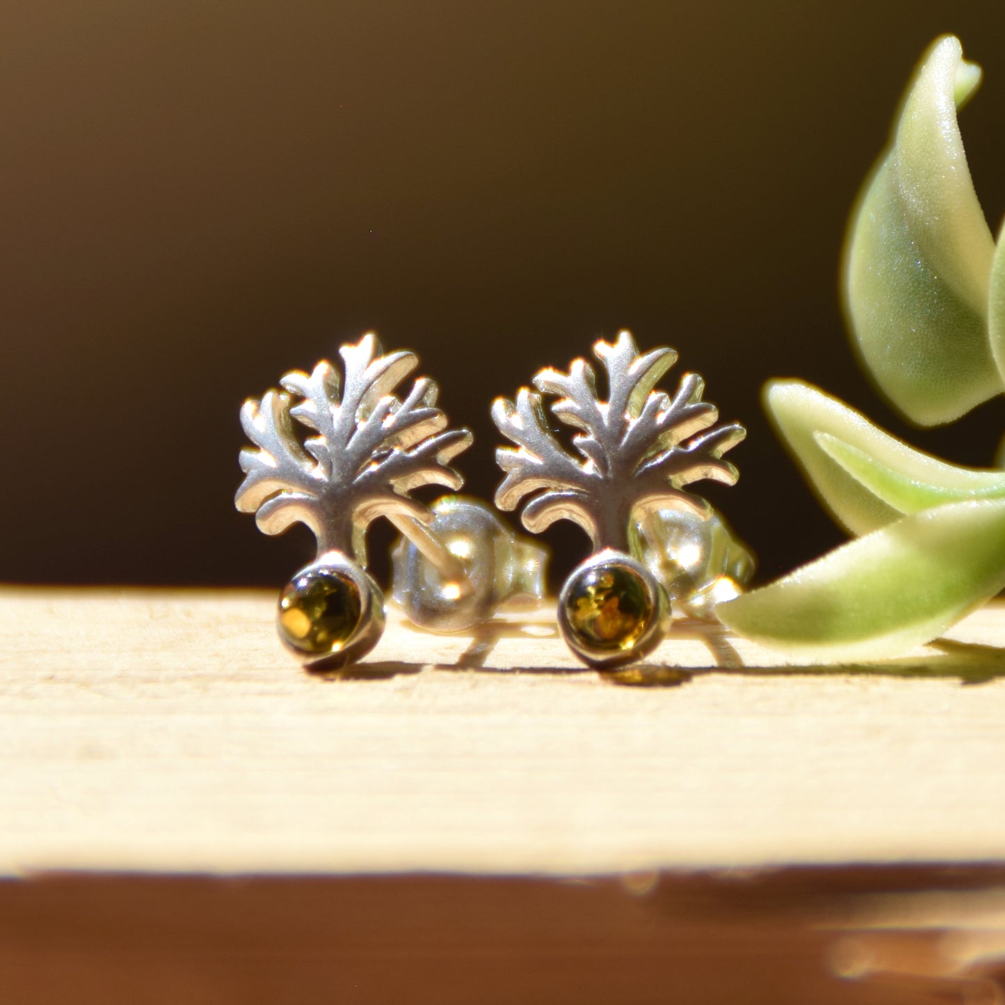 Bright Tree of Life earrings made with natural green Amber and 925 Silver, MJ Baltica, BK236