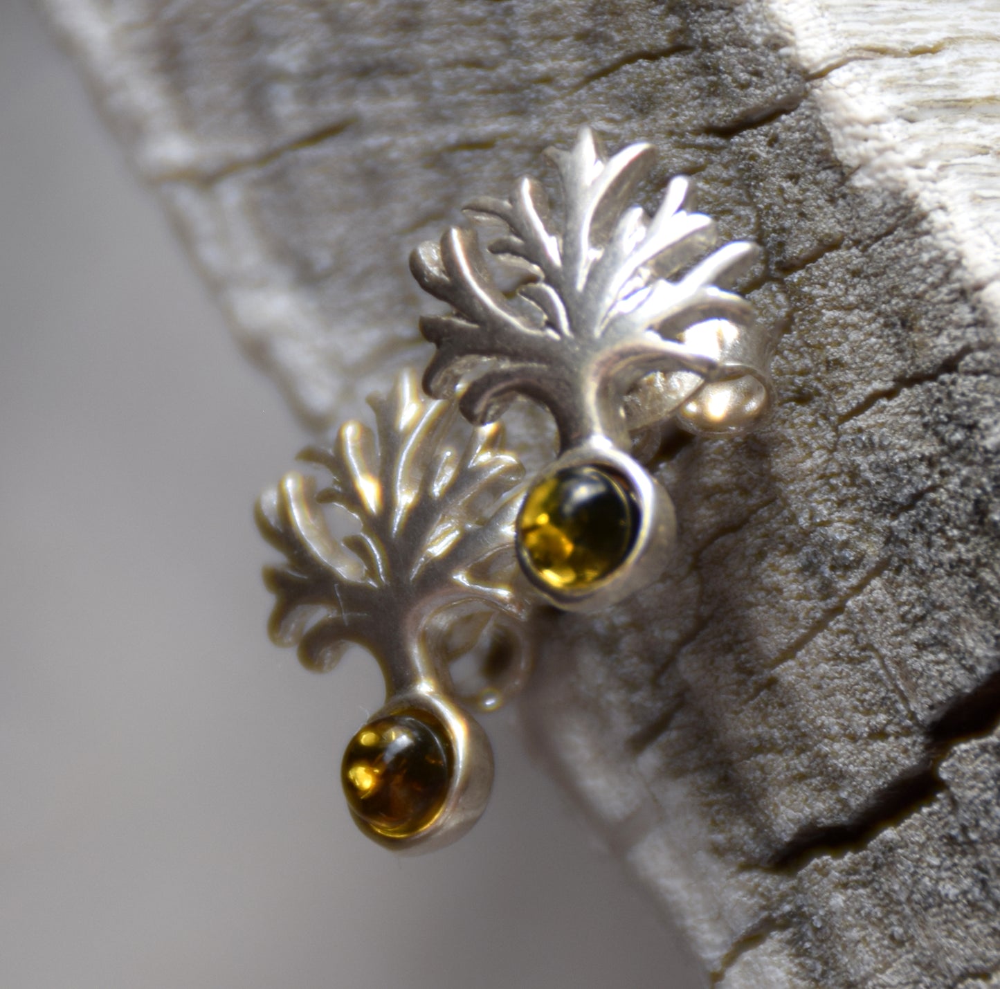 Bright Tree of Life earrings made with natural green Amber and 925 Silver, MJ Baltica, BK236