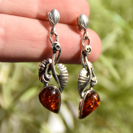 Classic vintage-style earrings with natural cognac amber and 925 Sterling Silver, MJ Baltica, BK238