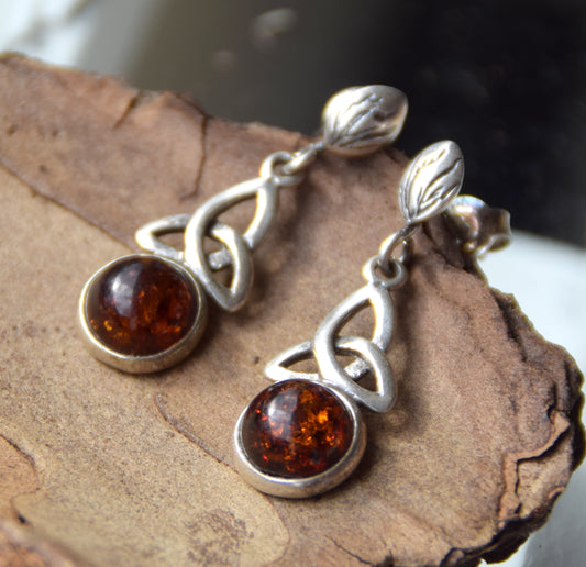 Celtic style earrings with dark brown natural Amber and 925 Silver, MJ Baltica, BK239