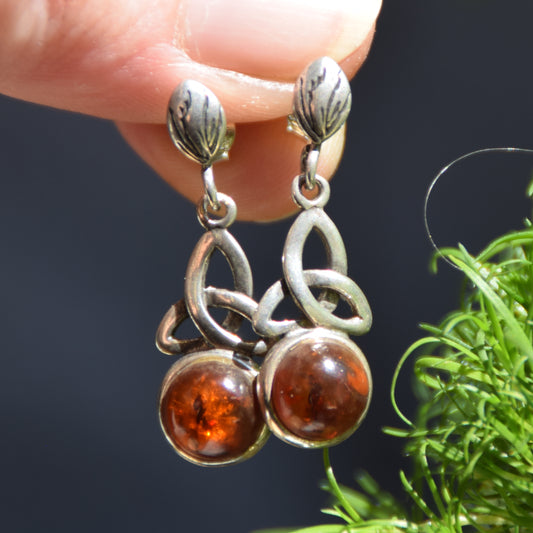 Celtic style earrings with dark brown natural Amber and 925 Silver, MJ Baltica, BK239