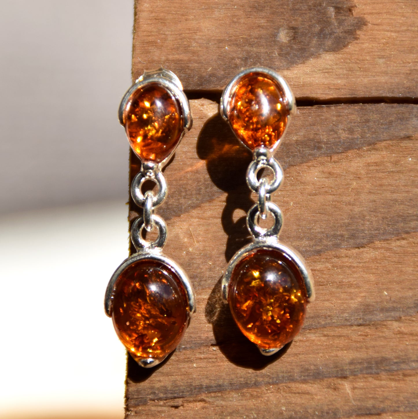 Classic dangle earrings with cognac-colored natural Amber and 925 Sterling Silver, MJ Baltica, BK242