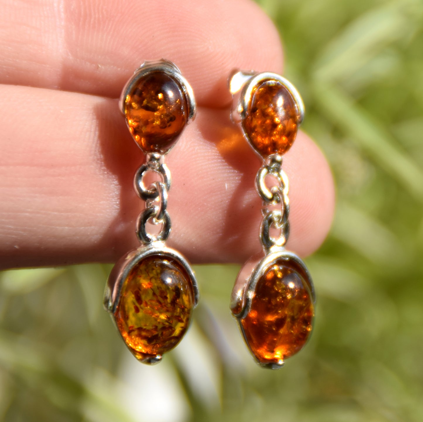 Classic dangle earrings with cognac-colored natural Amber and 925 Sterling Silver, MJ Baltica, BK242