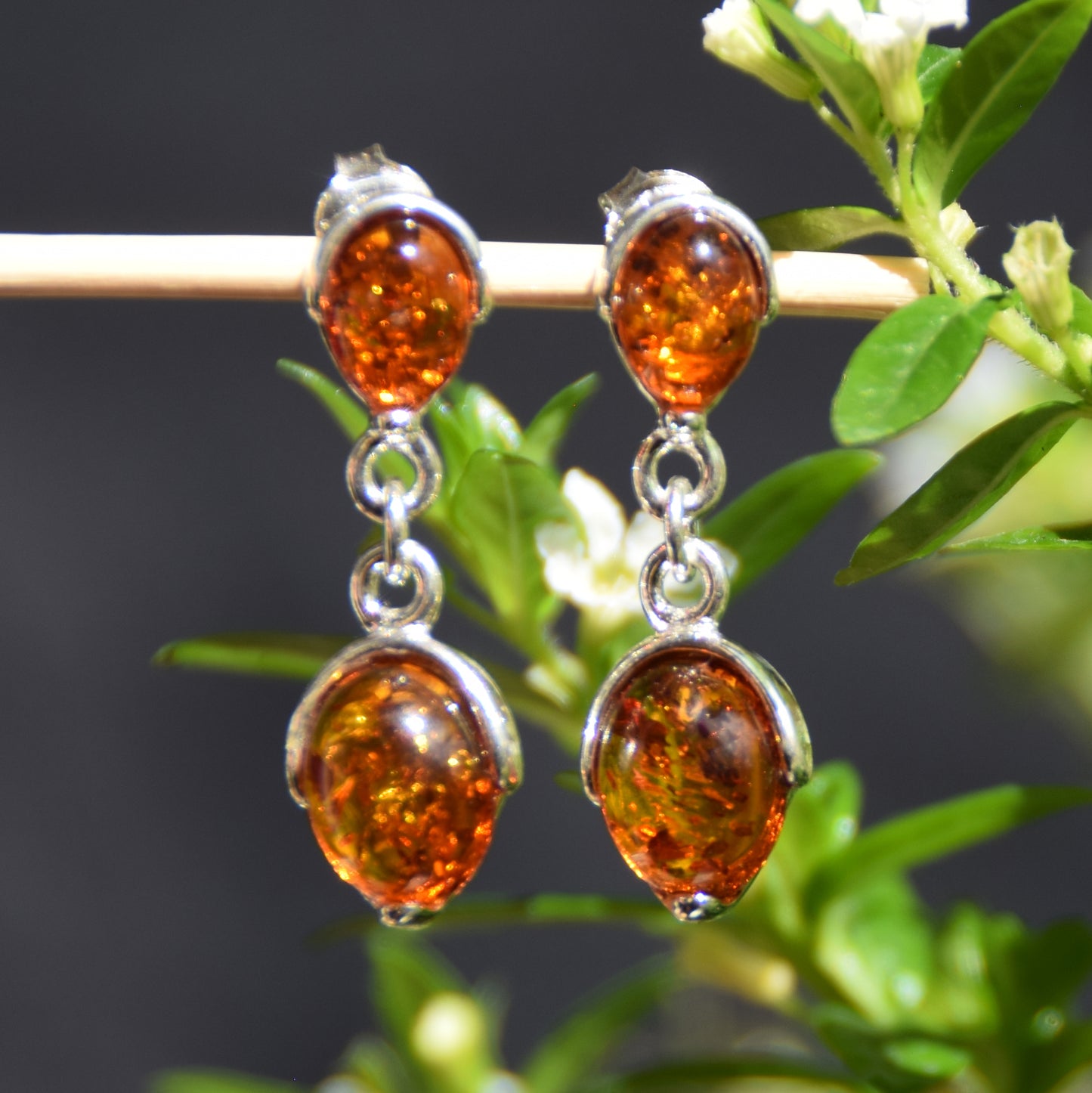 Classic dangle earrings with cognac-colored natural Amber and 925 Sterling Silver, MJ Baltica, BK242