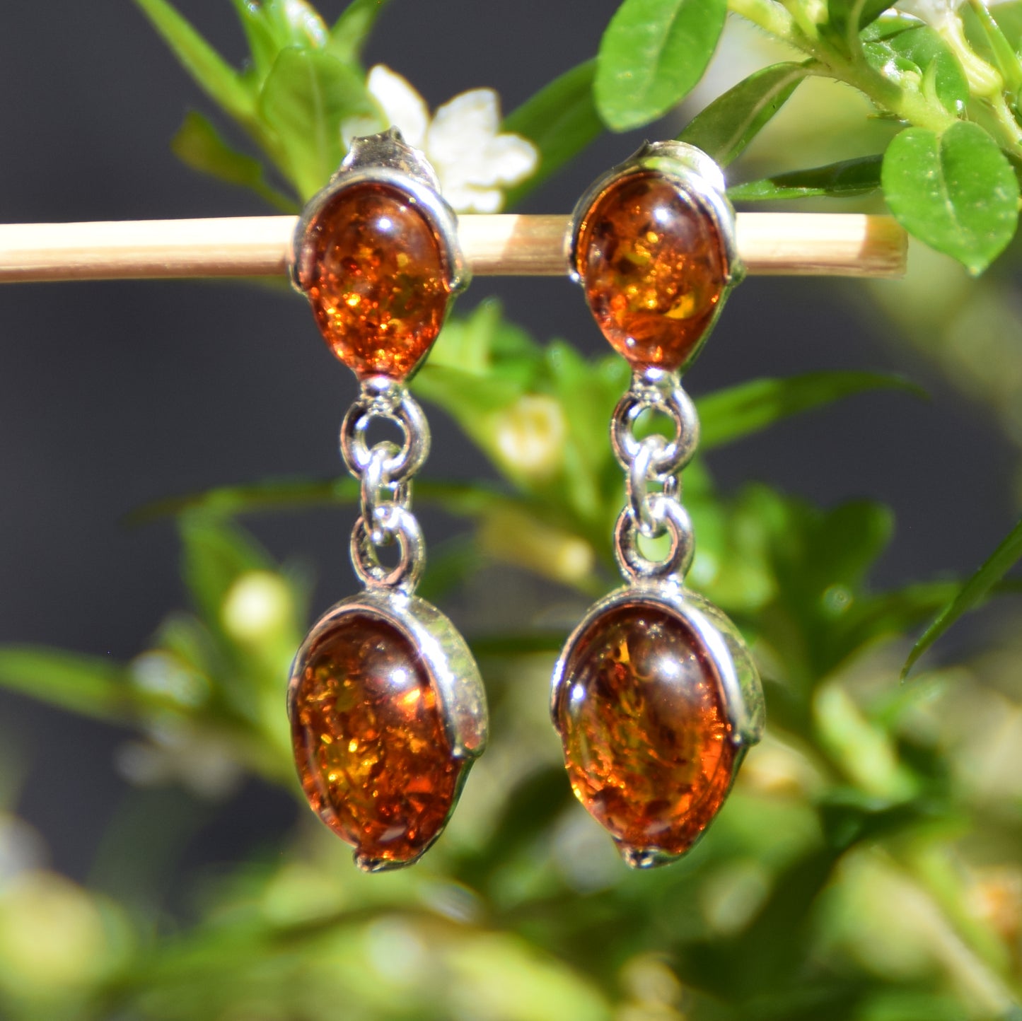 Classic dangle earrings with cognac-colored natural Amber and 925 Sterling Silver, MJ Baltica, BK242