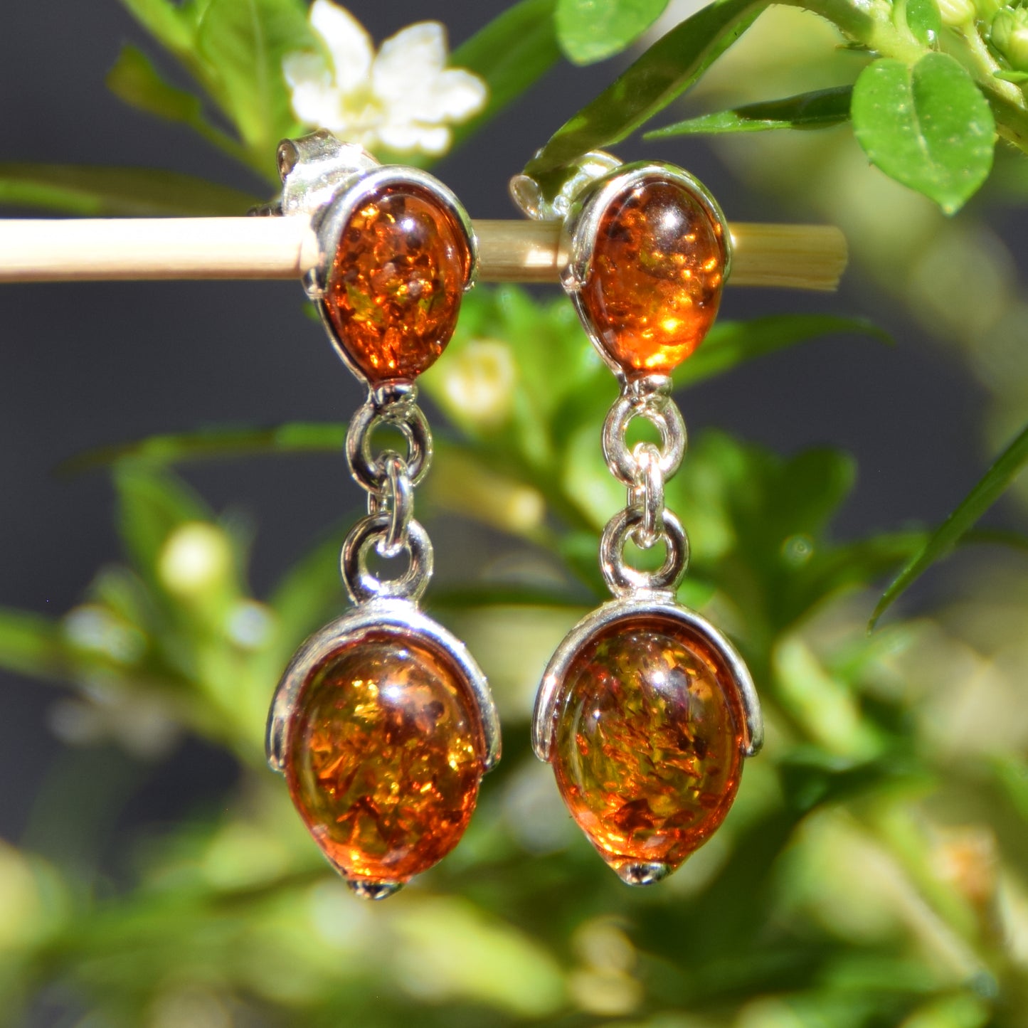 Classic dangle earrings with cognac-colored natural Amber and 925 Sterling Silver, MJ Baltica, BK242
