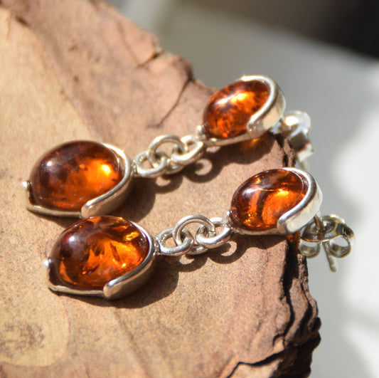Classic dangle earrings with cognac-colored natural Amber and 925 Sterling Silver, MJ Baltica, BK242