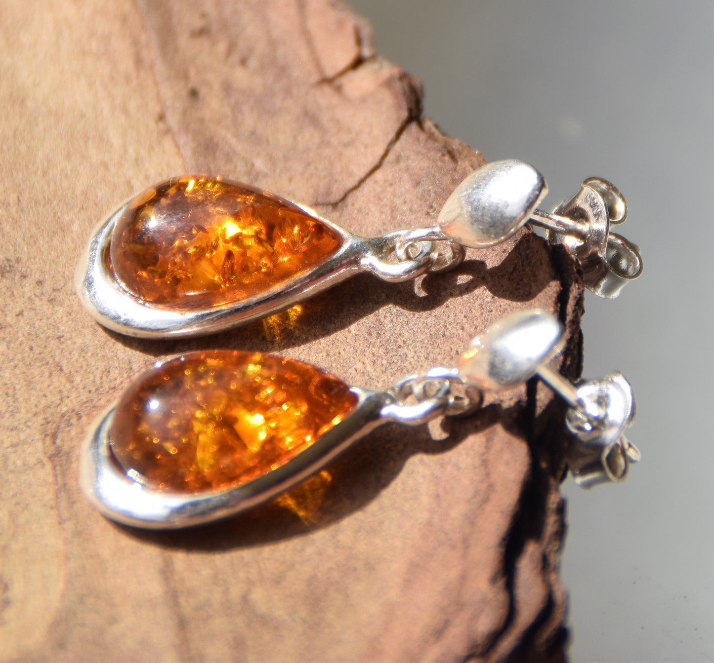 Classic dangling earrings with cognac-colored natural amber drop and 925 Silver, MJ Baltica, BK243