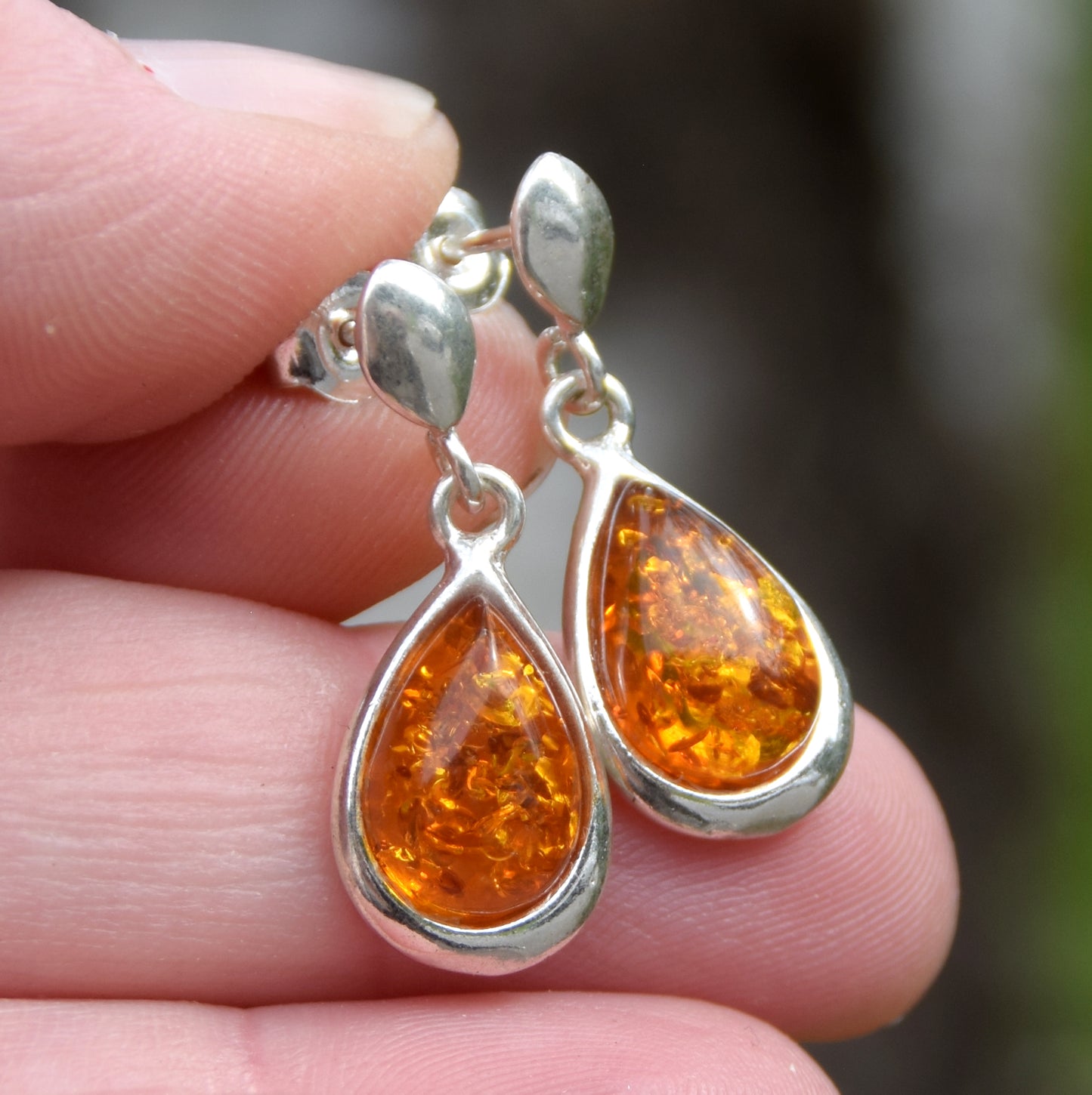 Classic dangling earrings with cognac-colored natural amber drop and 925 Silver, MJ Baltica, BK243