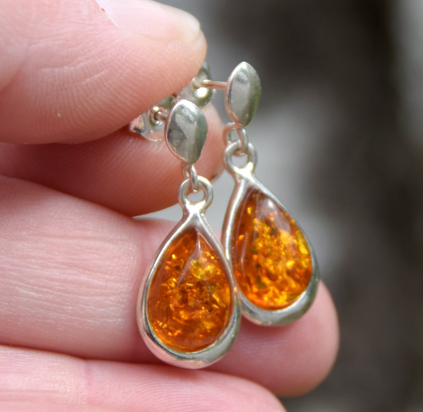 Classic dangling earrings with cognac-colored natural amber drop and 925 Silver, MJ Baltica, BK243