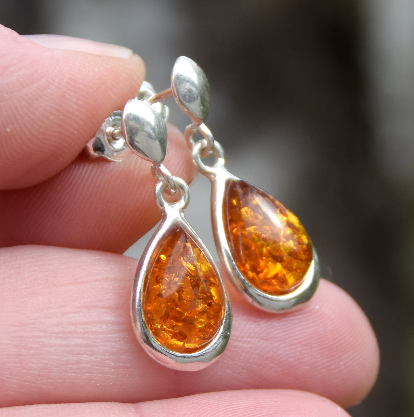 Classic dangling earrings with cognac-colored natural amber drop and 925 Silver, MJ Baltica, BK243