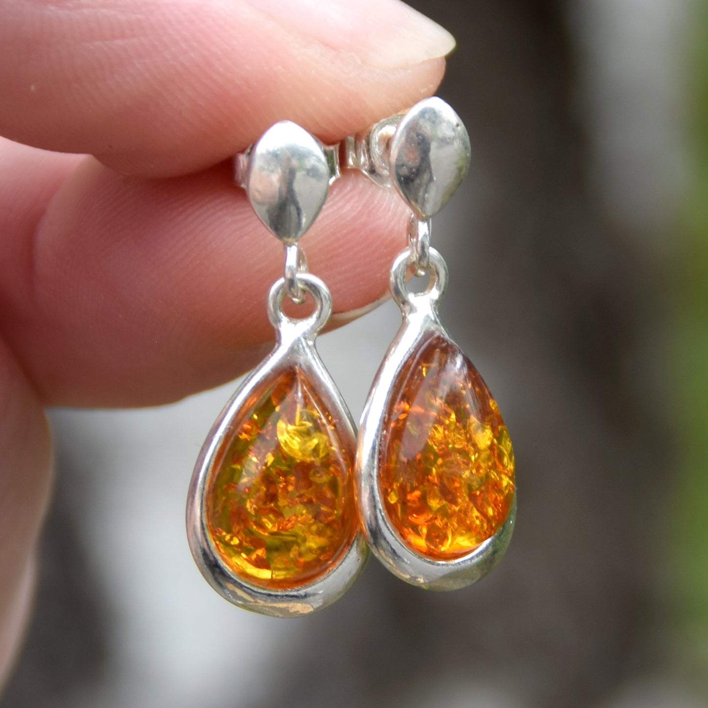 Classic dangling earrings with cognac-colored natural amber drop and 925 Silver, MJ Baltica, BK243