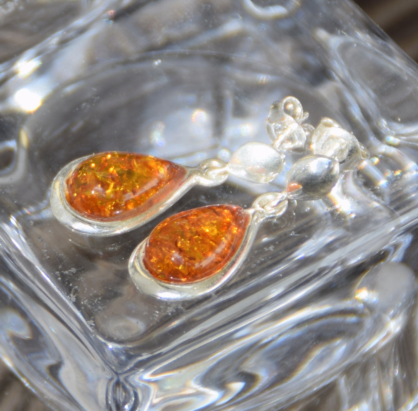 Classic dangling earrings with cognac-colored natural amber drop and 925 Silver, MJ Baltica, BK243