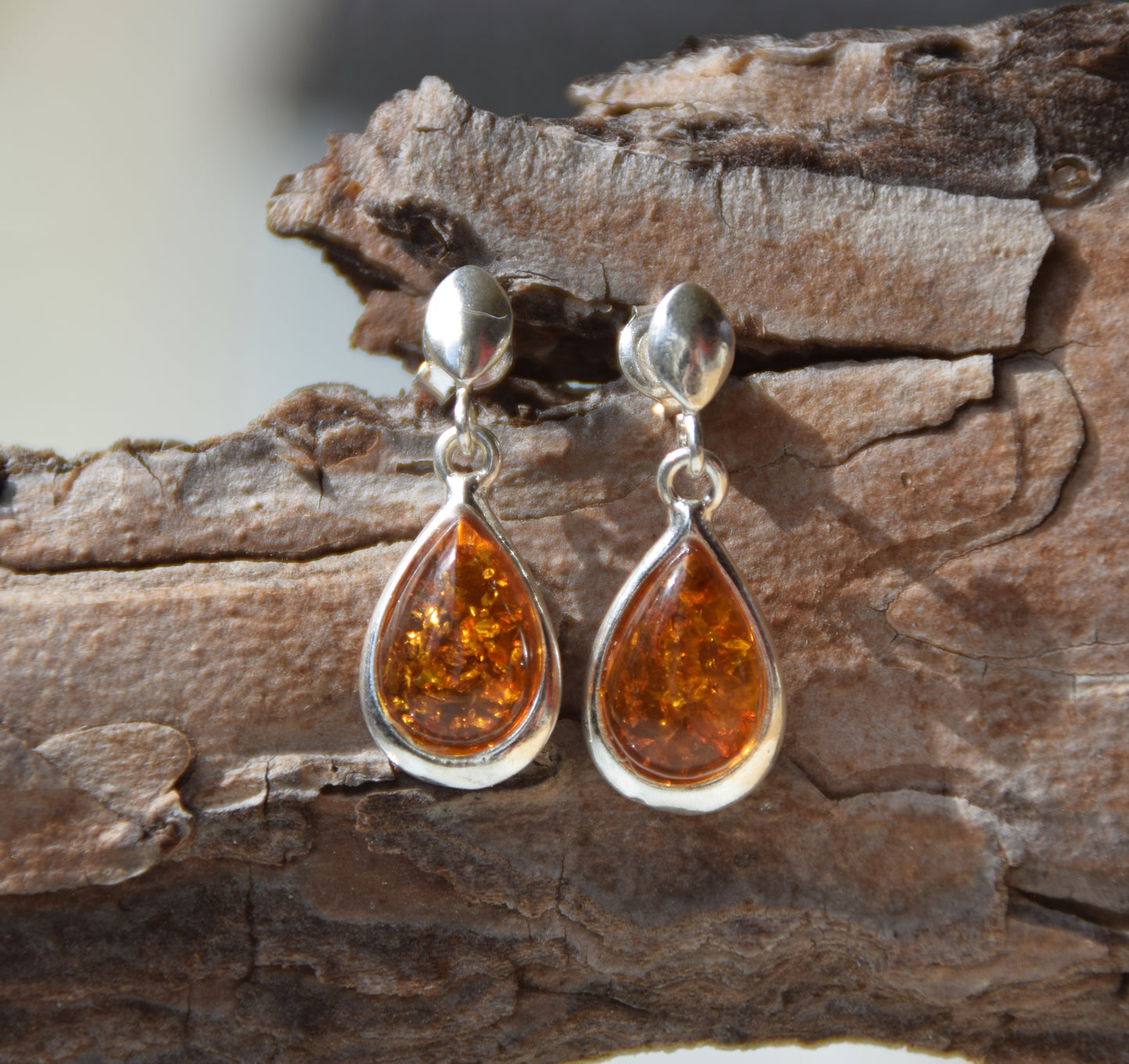 Classic dangling earrings with cognac-colored natural amber drop and 925 Silver, MJ Baltica, BK243