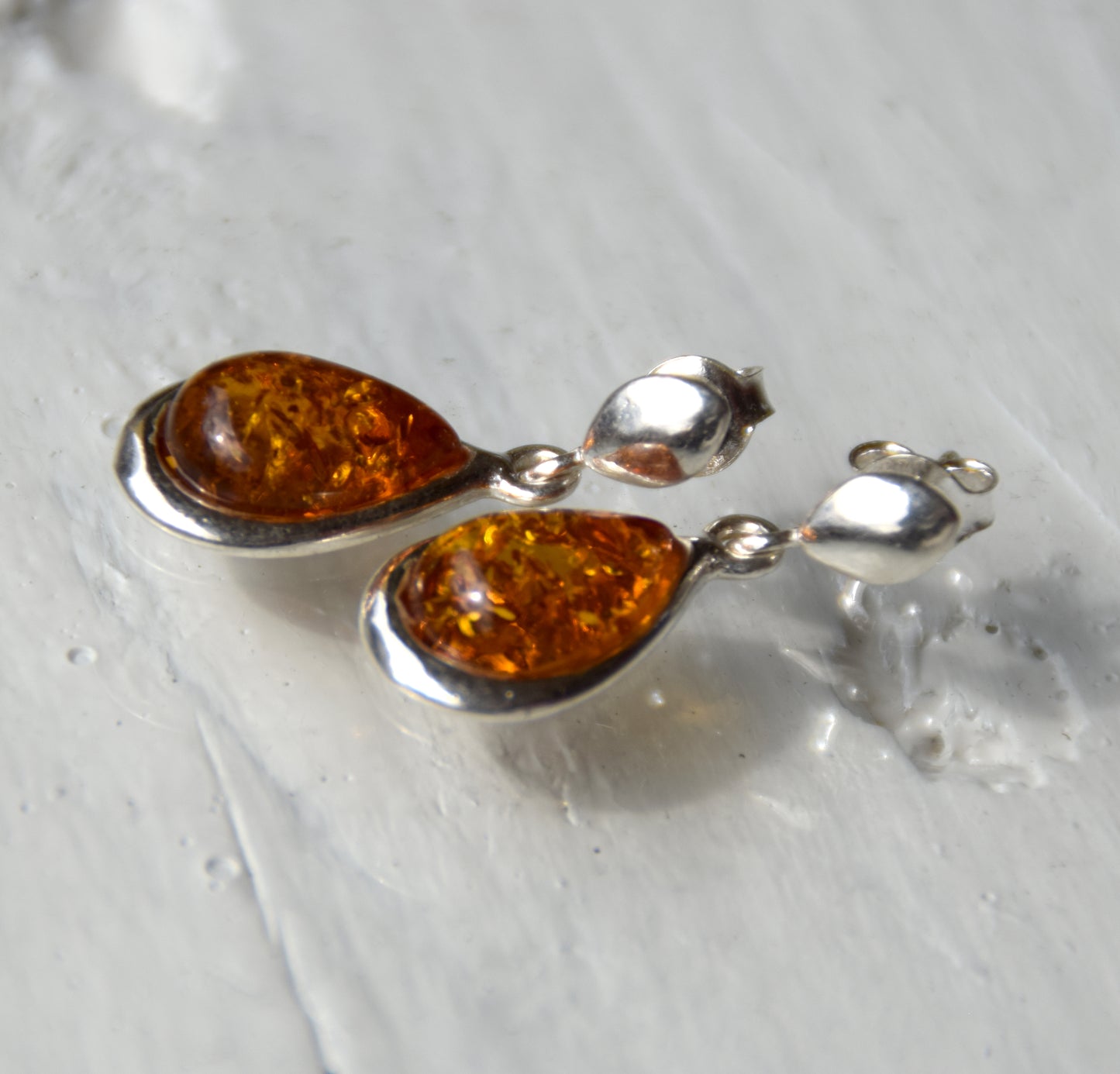 Classic dangling earrings with cognac-colored natural amber drop and 925 Silver, MJ Baltica, BK243