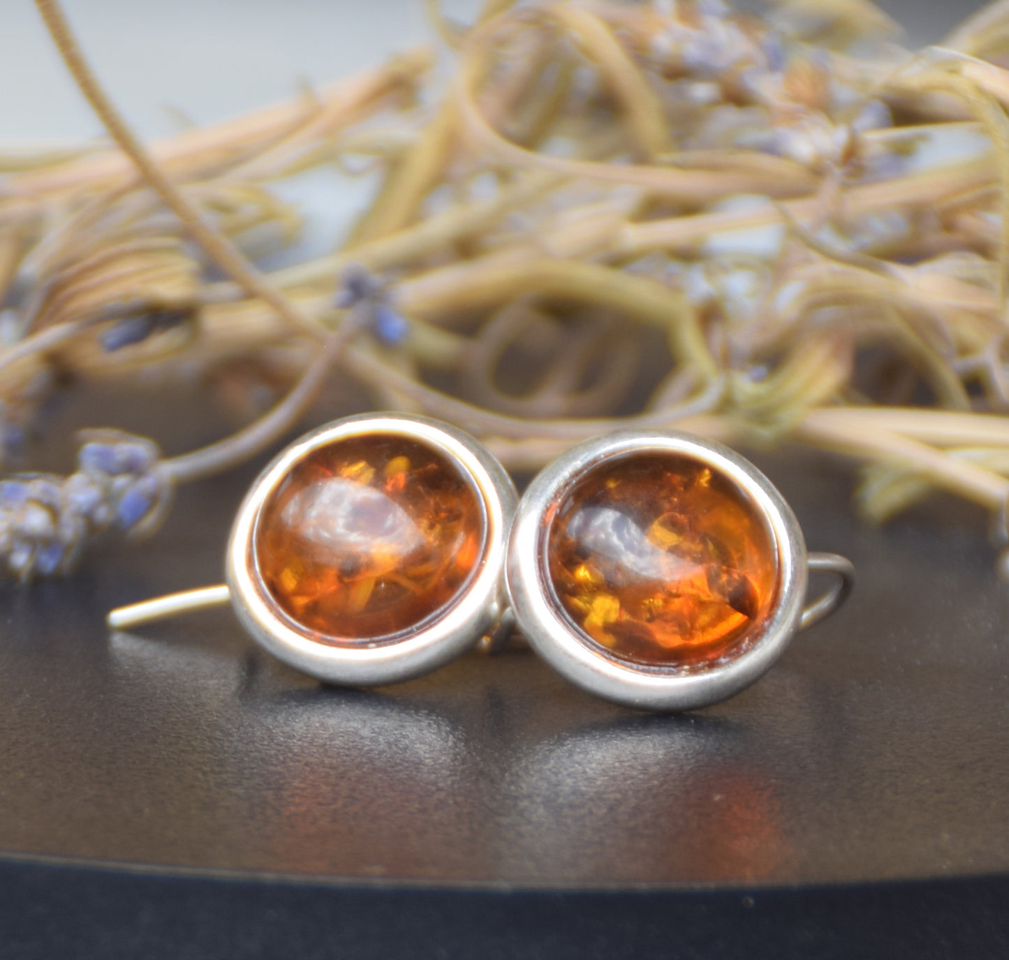 Round dangle earrings with natural Cognac Amber and Sterling Silver 925, MJ Baltica, BK245