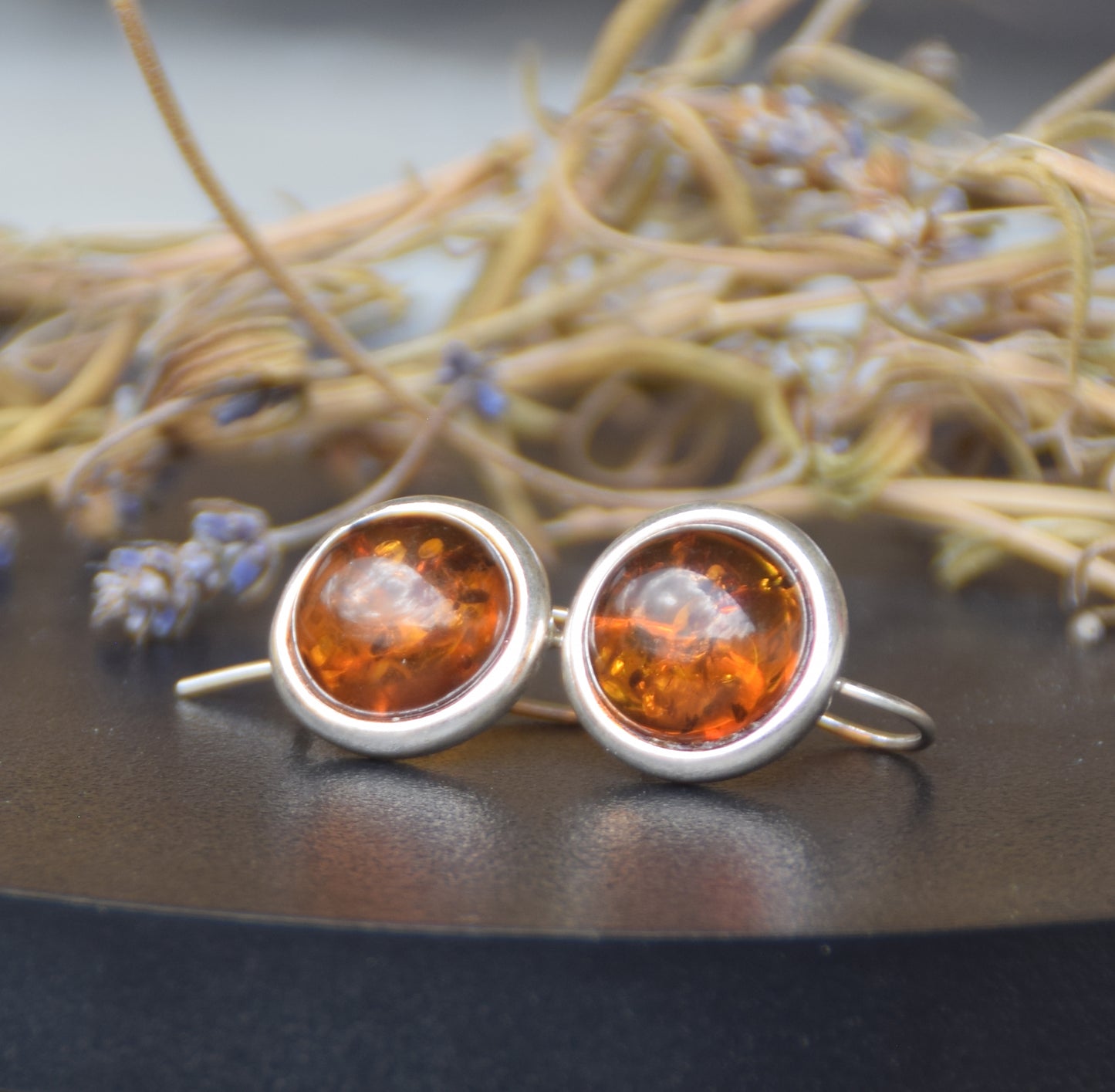 Round dangle earrings with natural Cognac Amber and Sterling Silver 925, MJ Baltica, BK245