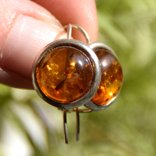 Round dangle earrings with natural Cognac Amber and Sterling Silver 925, MJ Baltica, BK245