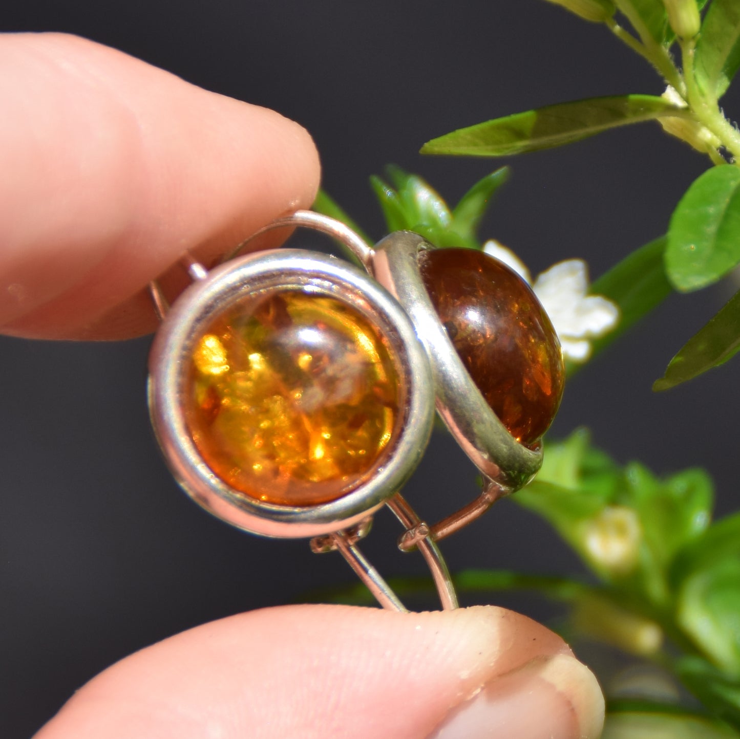 Round dangle earrings with natural Cognac Amber and Sterling Silver 925, MJ Baltica, BK245