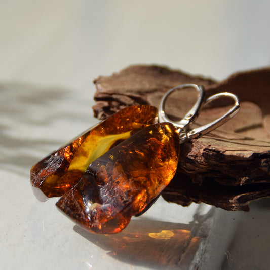 Large dangling earrings, two halves of cognac-colored natural Amber gemstone and 925 Silver, MJ Baltica, BK246