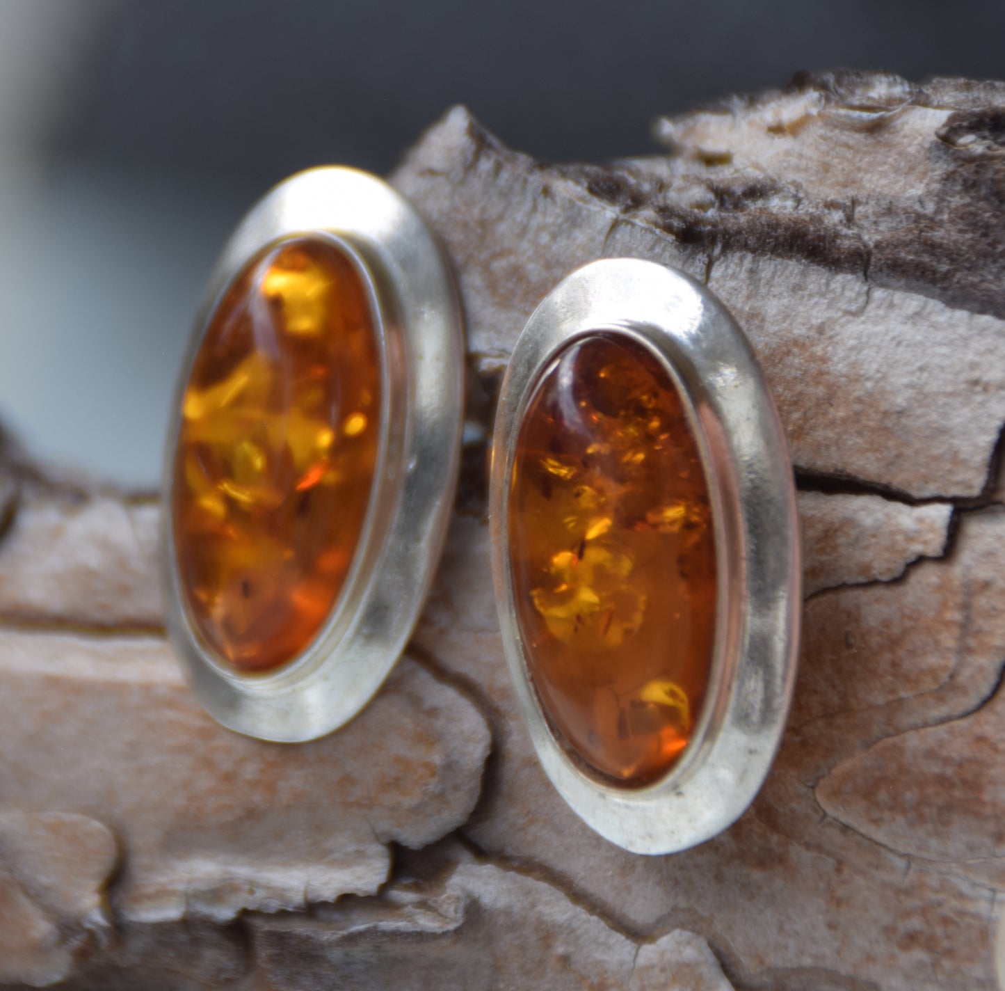 Large oval stud earrings with natural cognac amber and set in 925 Sterling Silver, MJ Baltica, BK247