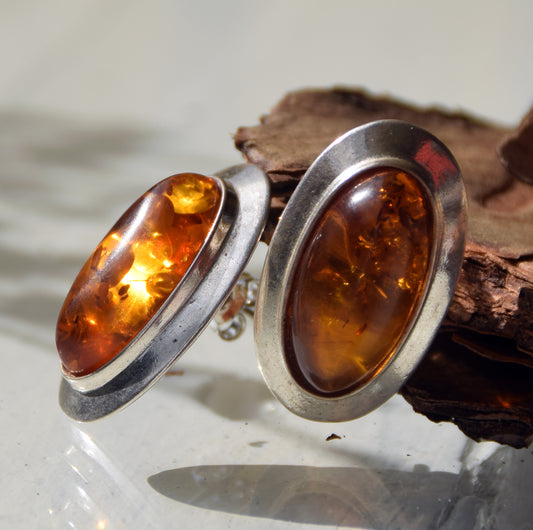 Large oval stud earrings with natural cognac amber and set in 925 Sterling Silver, MJ Baltica, BK247