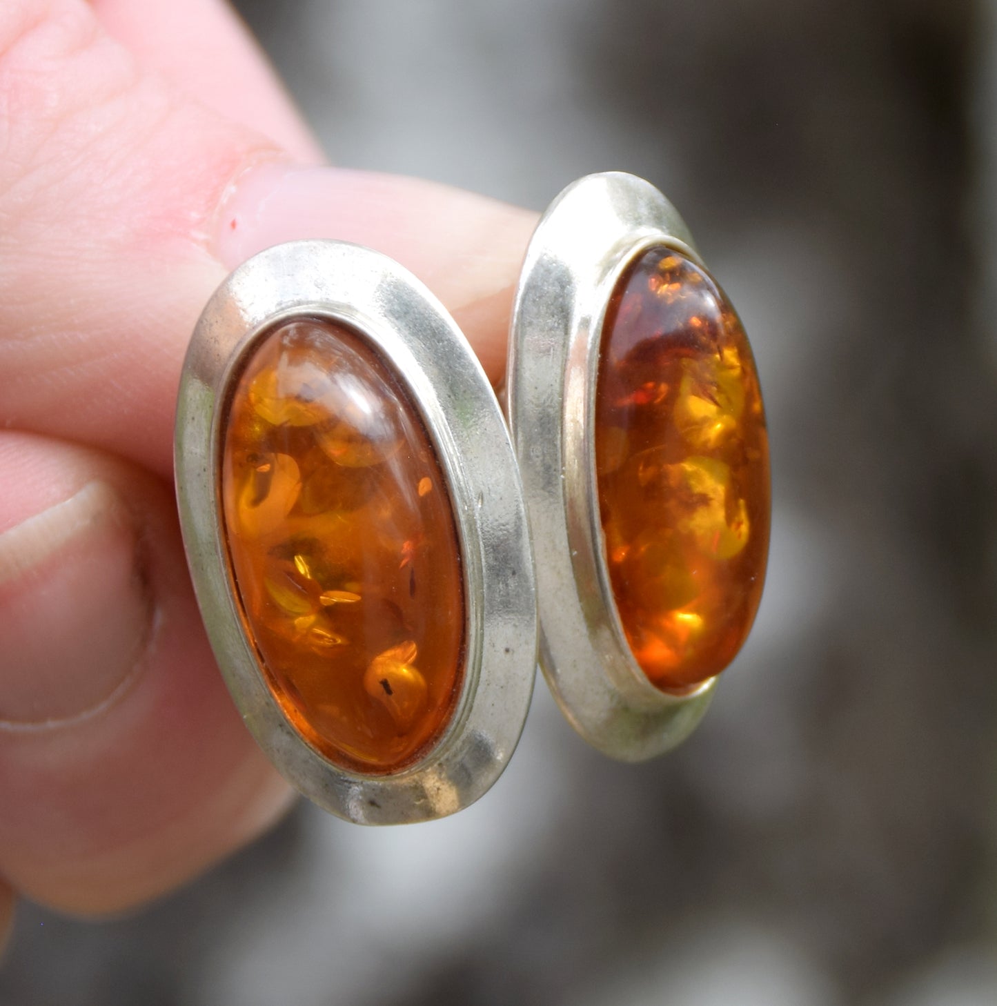 Large oval stud earrings with natural cognac amber and set in 925 Sterling Silver, MJ Baltica, BK247