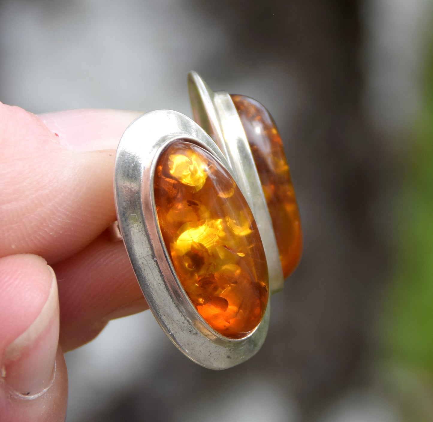 Large oval stud earrings with natural cognac amber and set in 925 Sterling Silver, MJ Baltica, BK247