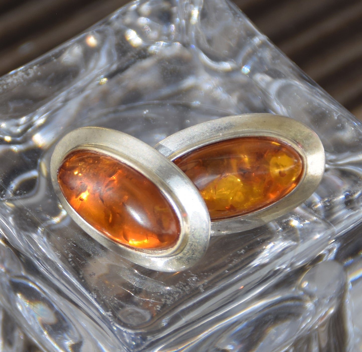 Large oval stud earrings with natural cognac amber and set in 925 Sterling Silver, MJ Baltica, BK247