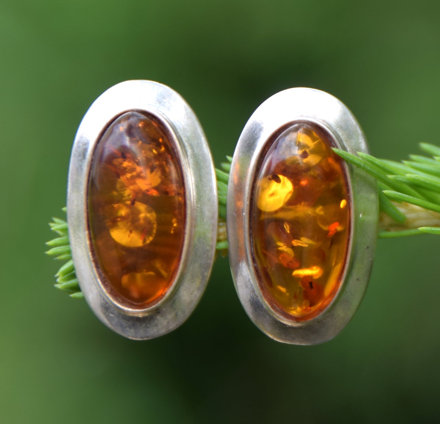 Large oval stud earrings with natural cognac amber and set in 925 Sterling Silver, MJ Baltica, BK247