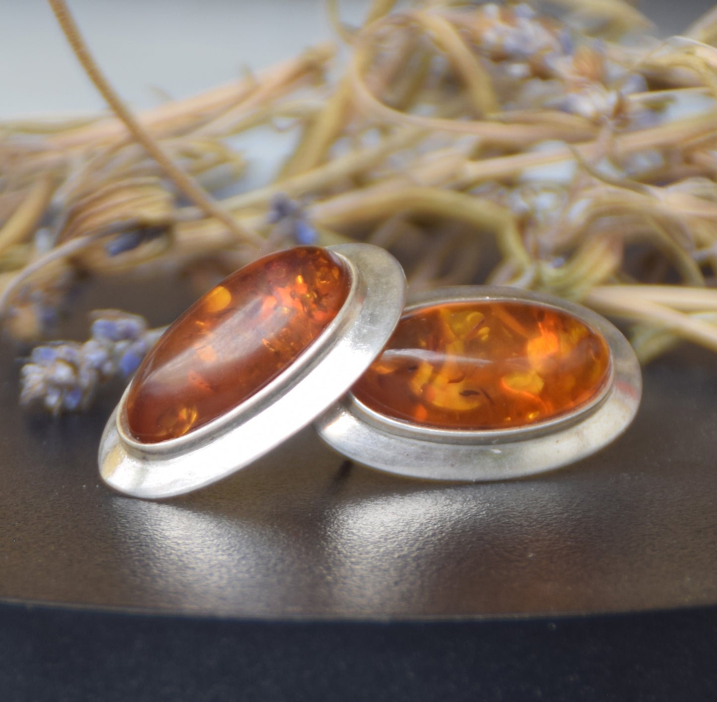 Large oval stud earrings with natural cognac amber and set in 925 Sterling Silver, MJ Baltica, BK247