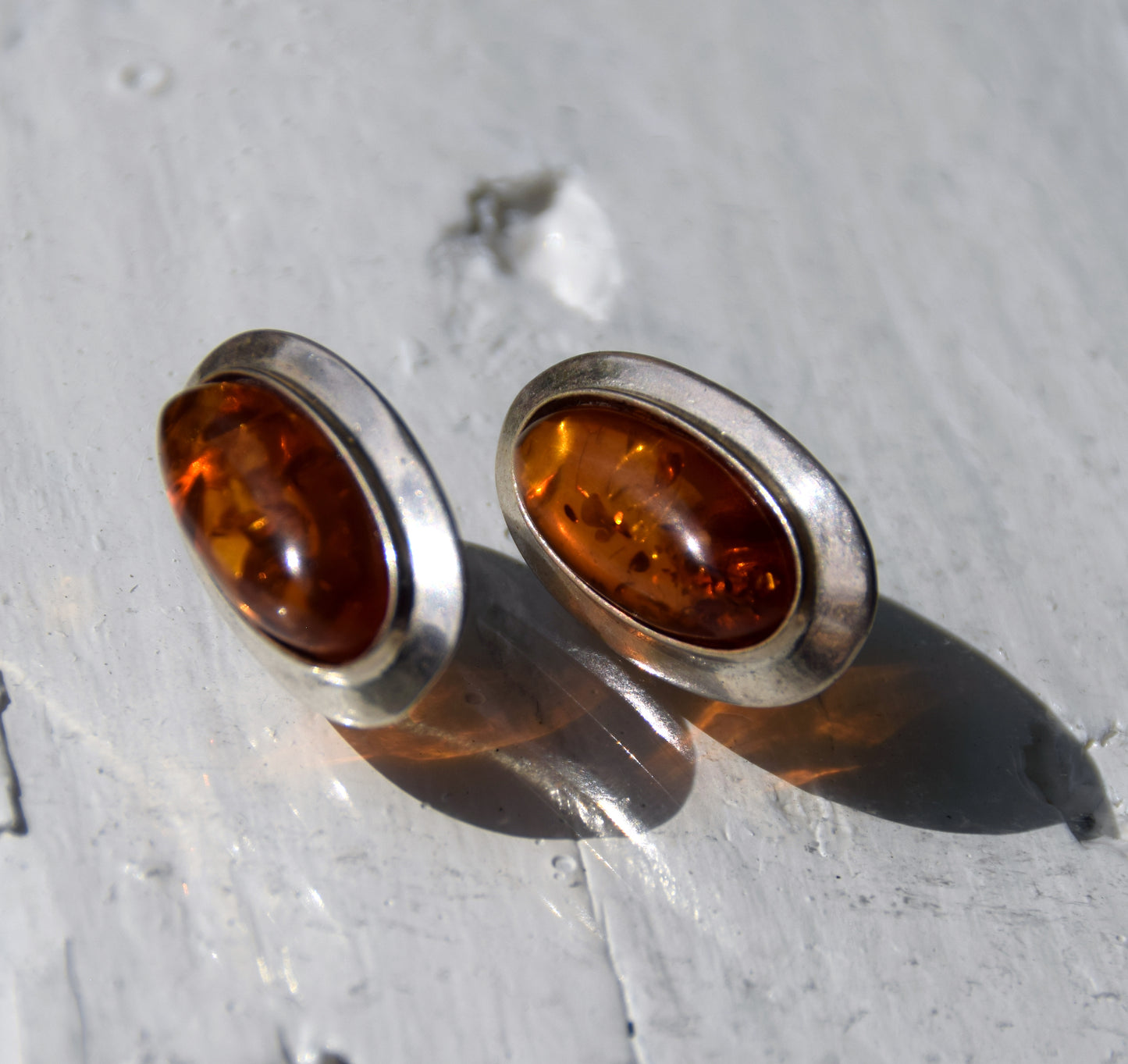 Large oval stud earrings with natural cognac amber and set in 925 Sterling Silver, MJ Baltica, BK247