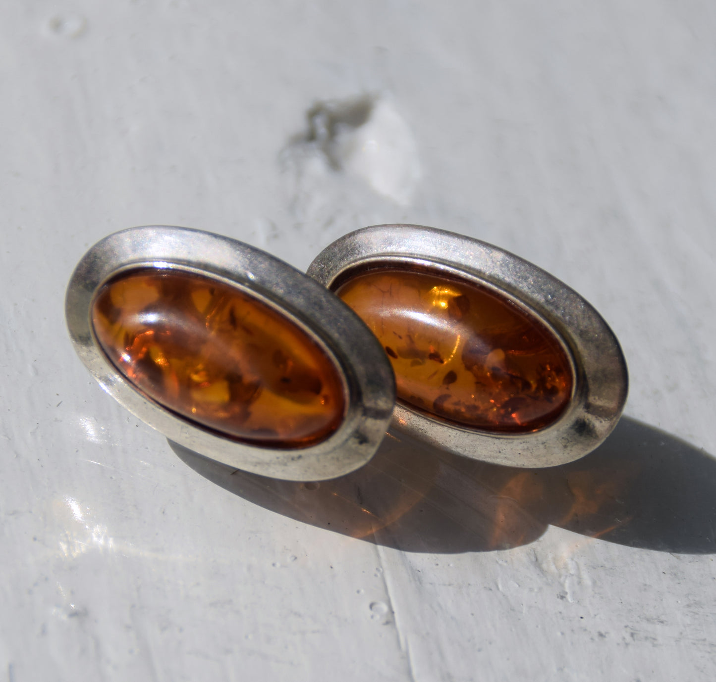 Large oval stud earrings with natural cognac amber and set in 925 Sterling Silver, MJ Baltica, BK247