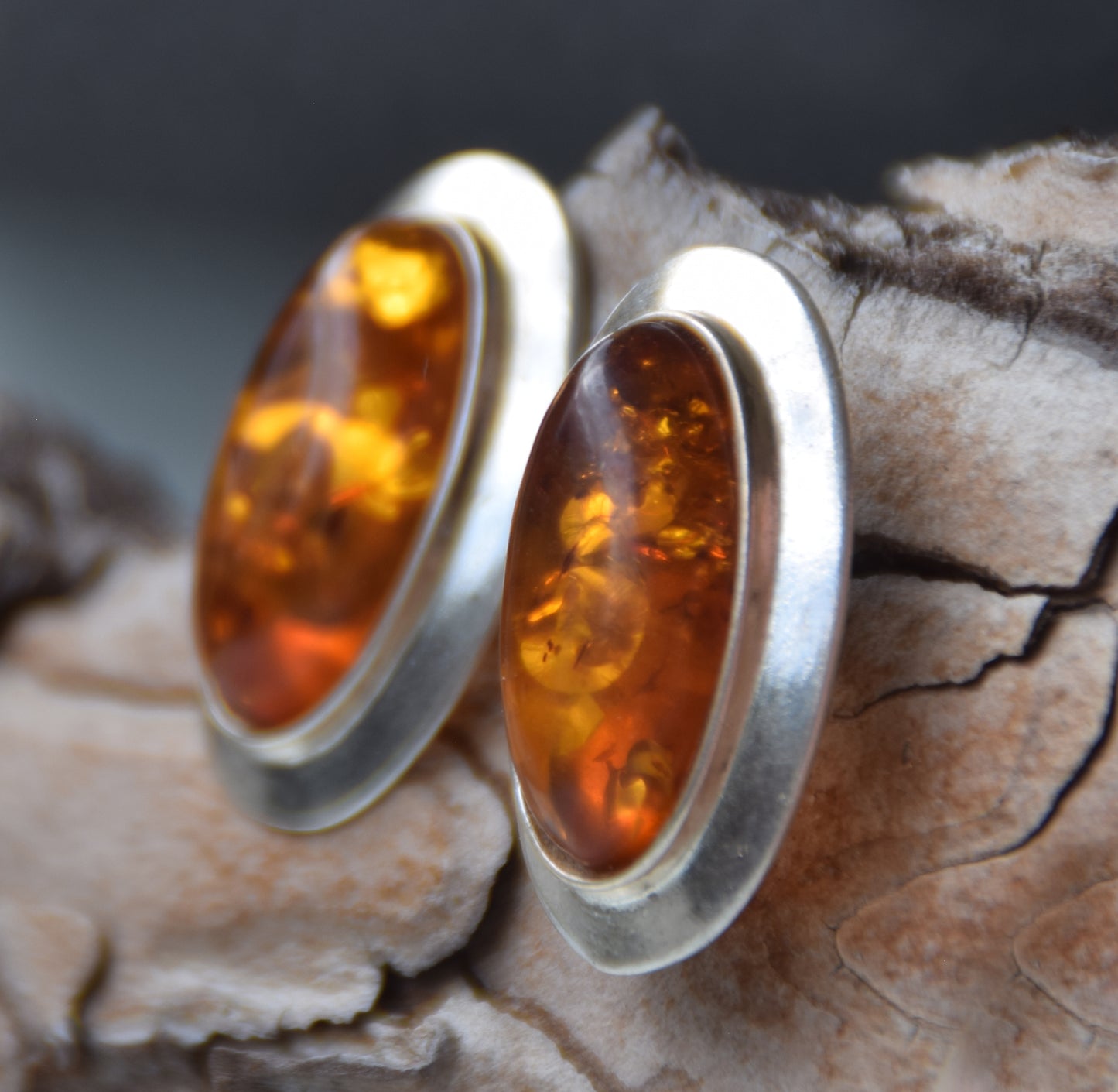 Large oval stud earrings with natural cognac amber and set in 925 Sterling Silver, MJ Baltica, BK247