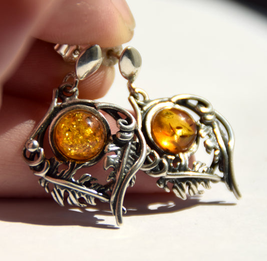 Classic vintage style earrings with natural cognac amber and 925 Sterling Silver, MJ Baltica, BK248