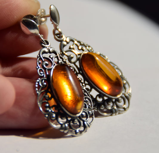 Classic vintage-style filigree earrings with natural cognac amber and 925 Sterling Silver, MJ Baltica, BK252