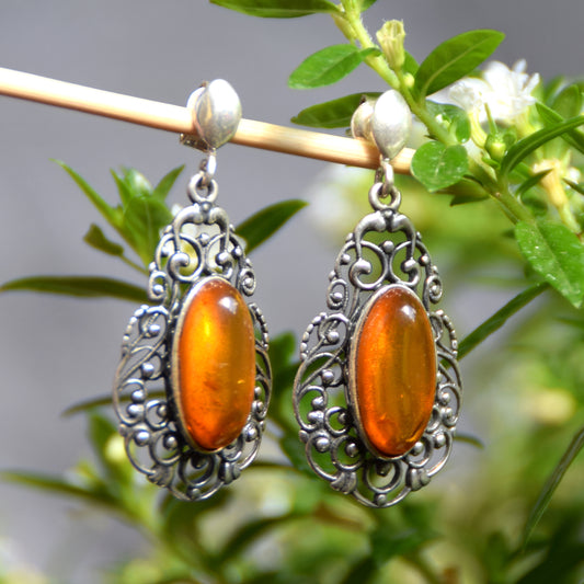 Classic vintage-style filigree earrings with natural cognac amber and 925 Sterling Silver, MJ Baltica, BK252