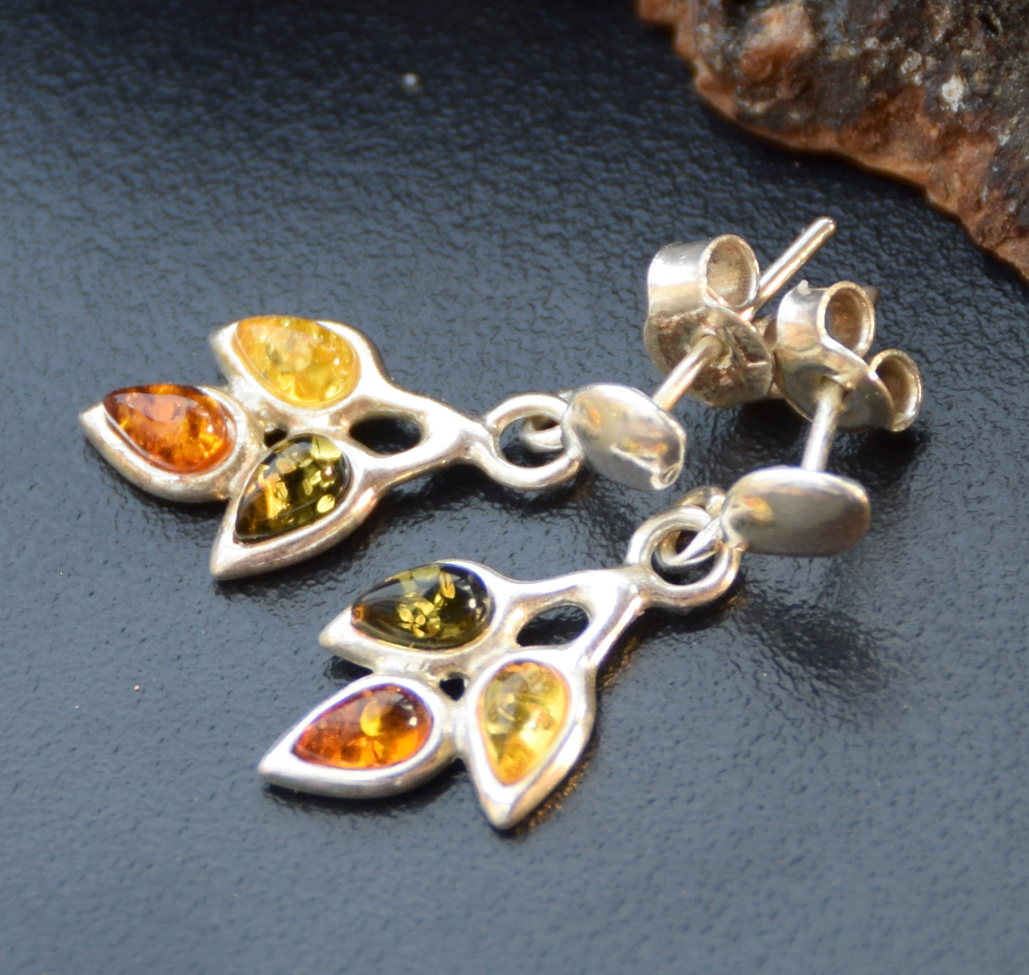 Delicate floral earrings with natural amber of various shades and 925 silver, MJ Baltica, BK253