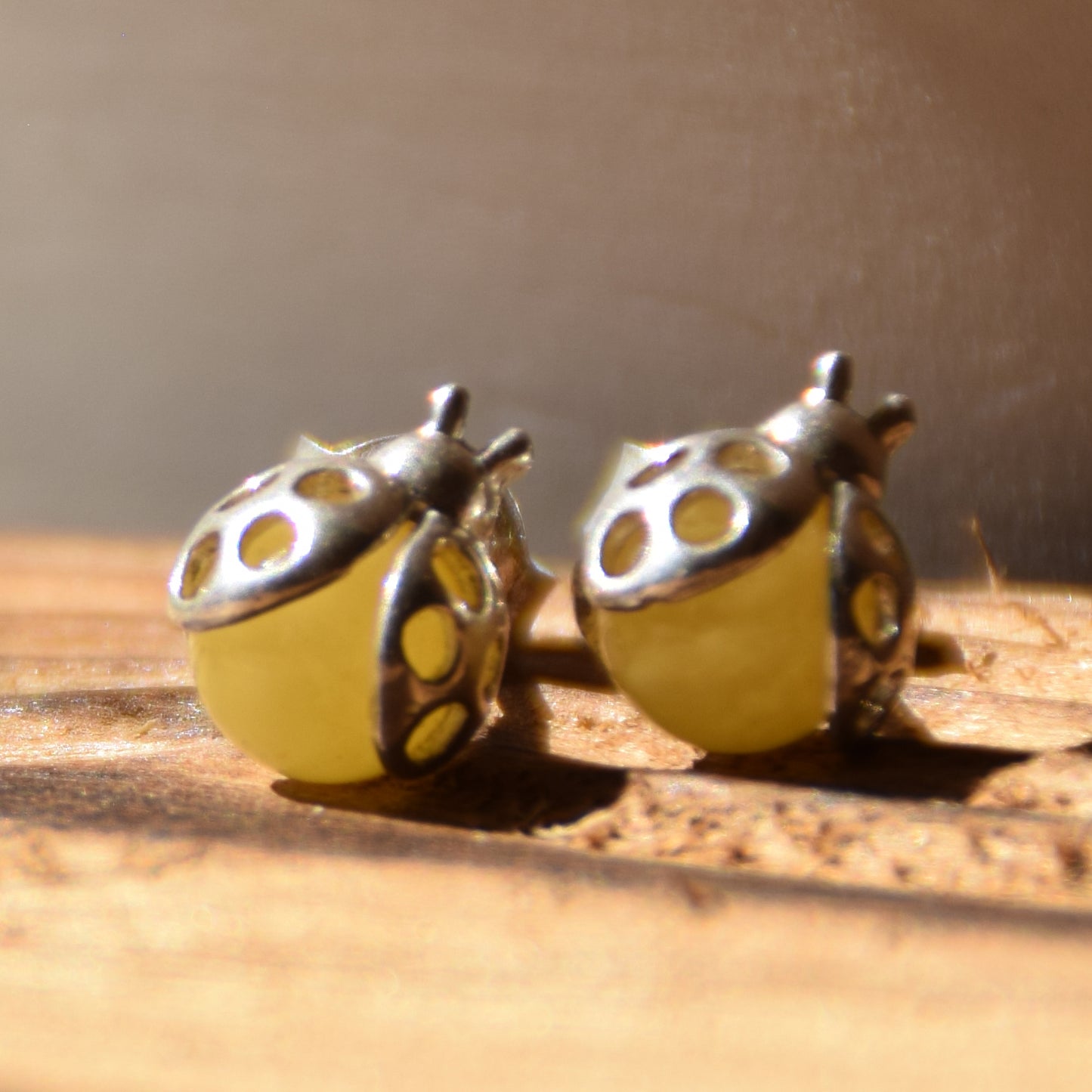 Delicate earrings with lucky ladybug in natural Imperial Amber and 925 Silver, MJ Baltica, BK256