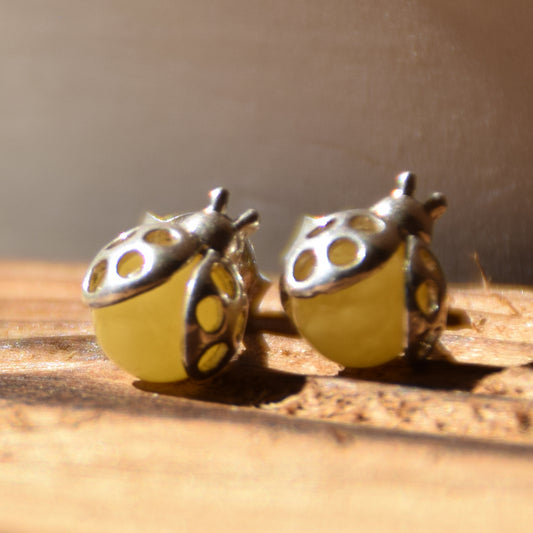 Delicate earrings with lucky ladybug in natural Imperial Amber and 925 Silver, MJ Baltica, BK256