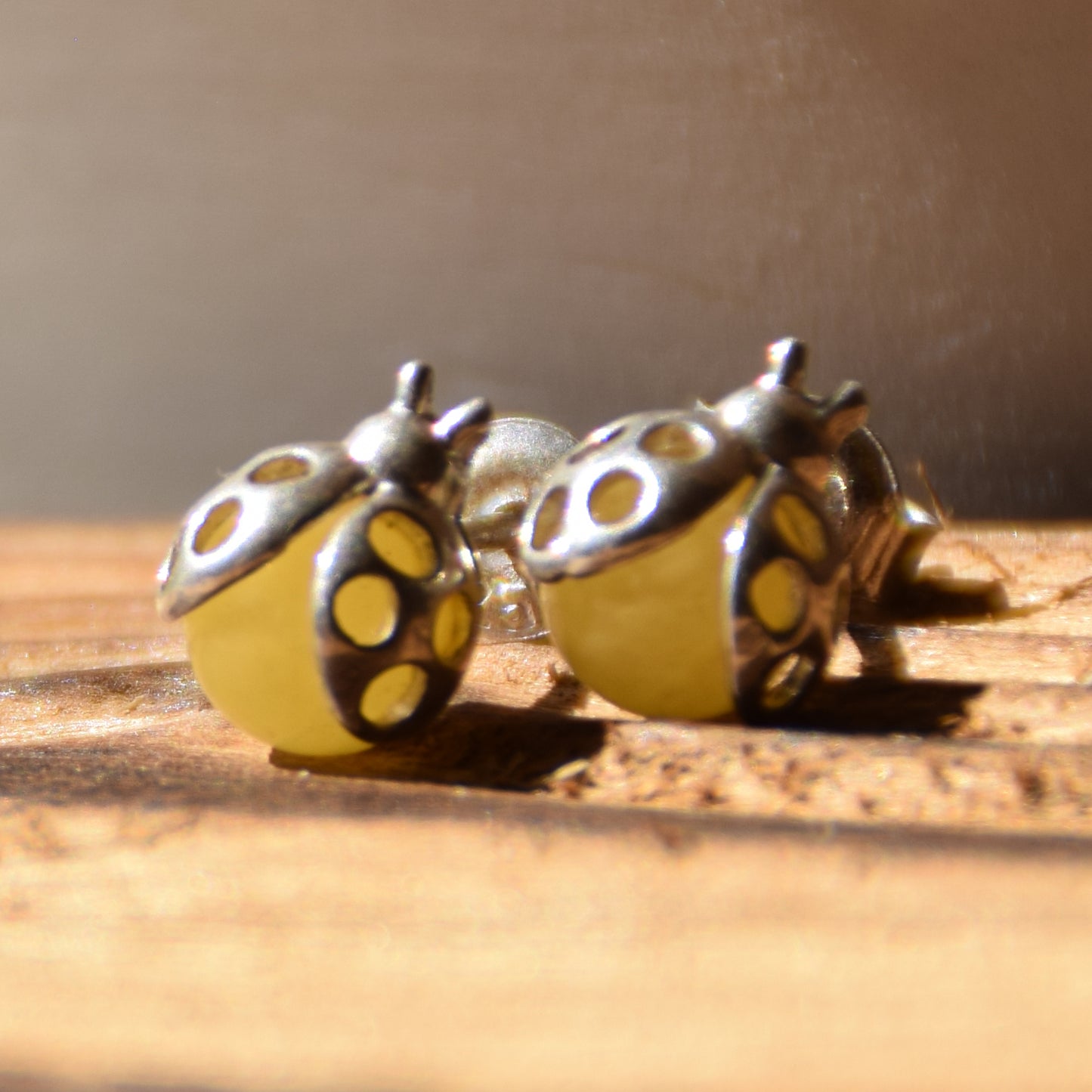 Delicate earrings with lucky ladybug in natural Imperial Amber and 925 Silver, MJ Baltica, BK256