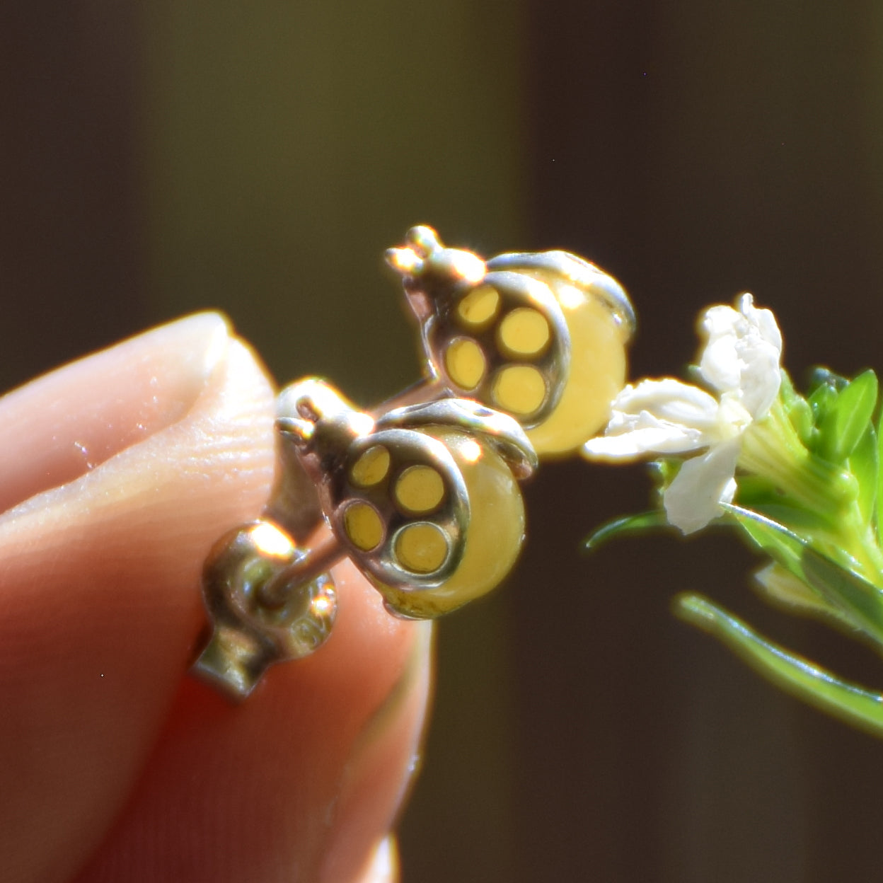 Delicate earrings with lucky ladybug in natural Imperial Amber and 925 Silver, MJ Baltica, BK256